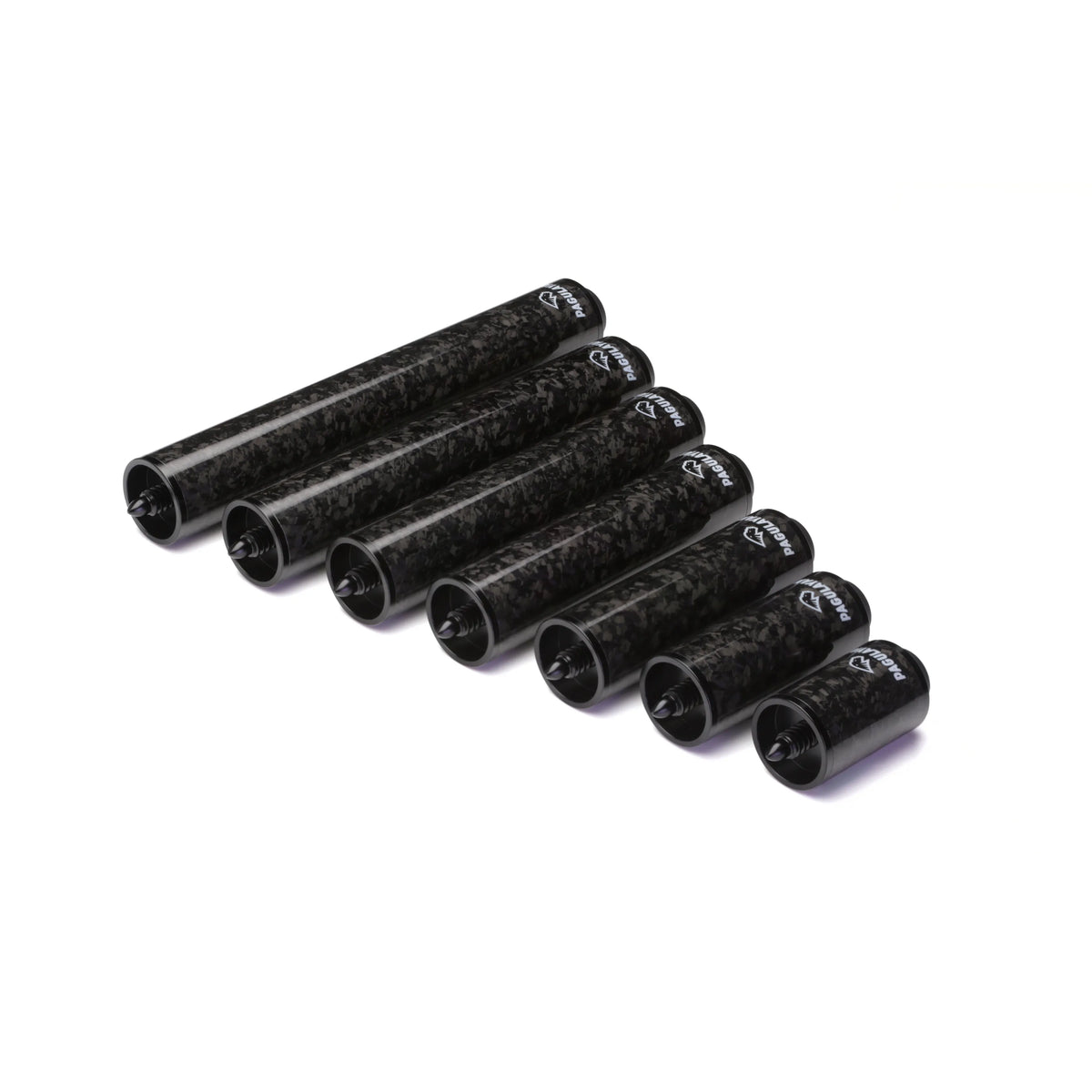 Feraboli carbon fiber pool cue butt extensions in multiple lengths for added reach.