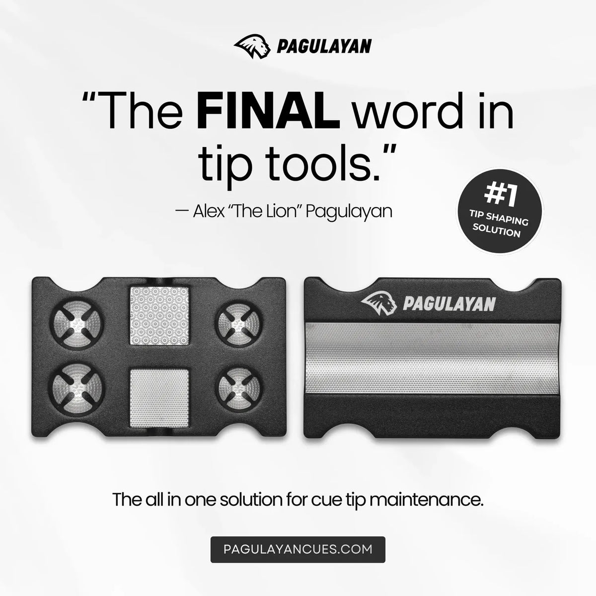 Final Tip Tool pool cue tip tool and cue tip shaper with Pagulayan quote and dual side product view.