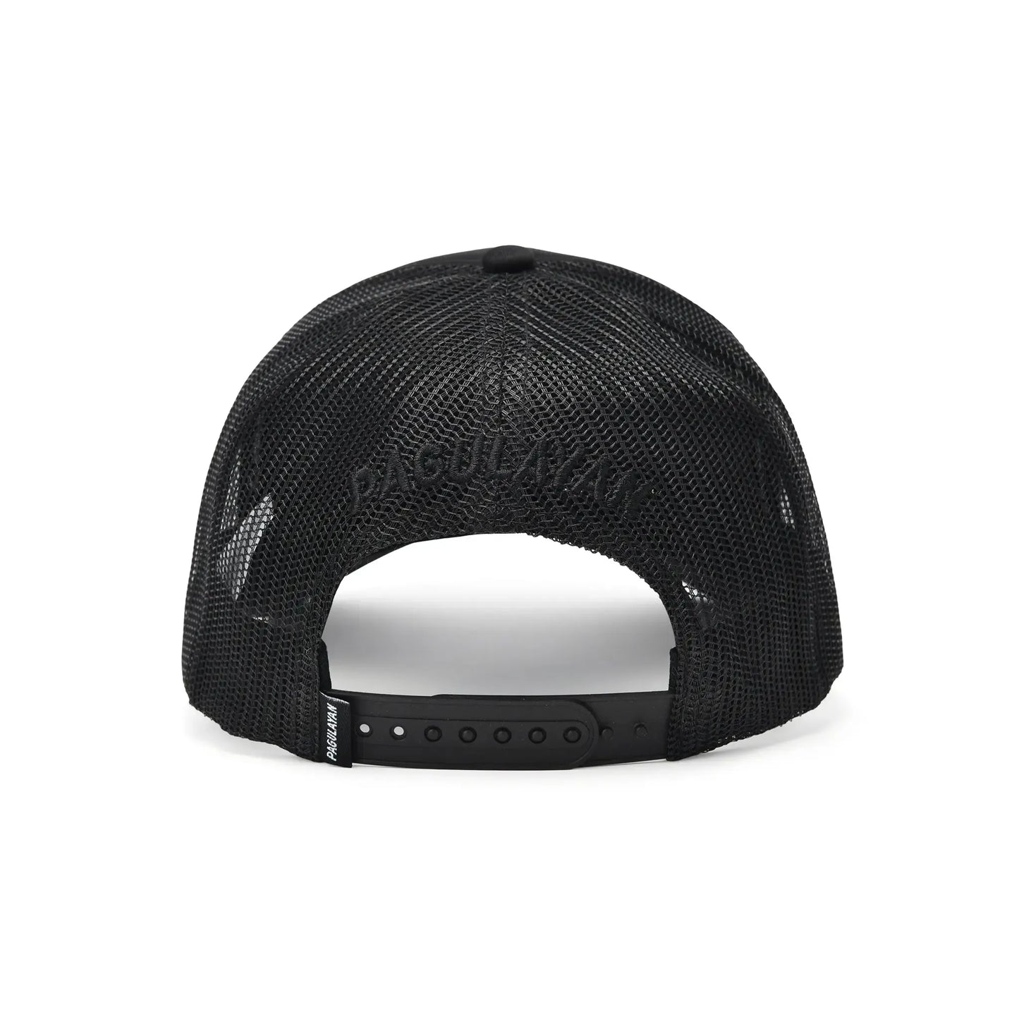 Back view of Lion Head Blackout Cap showing breathable mesh panels and adjustable snapback on 5 panel trucker cap.
