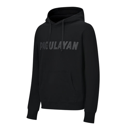 Angled view of the Pagulayan Blackout Hoodie showing the tonal chest logo, hood, and kangaroo pocket.