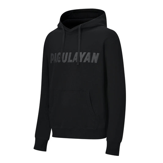 Angled view of the Pagulayan Blackout Hoodie showing the tonal chest logo, hood, and kangaroo pocket.