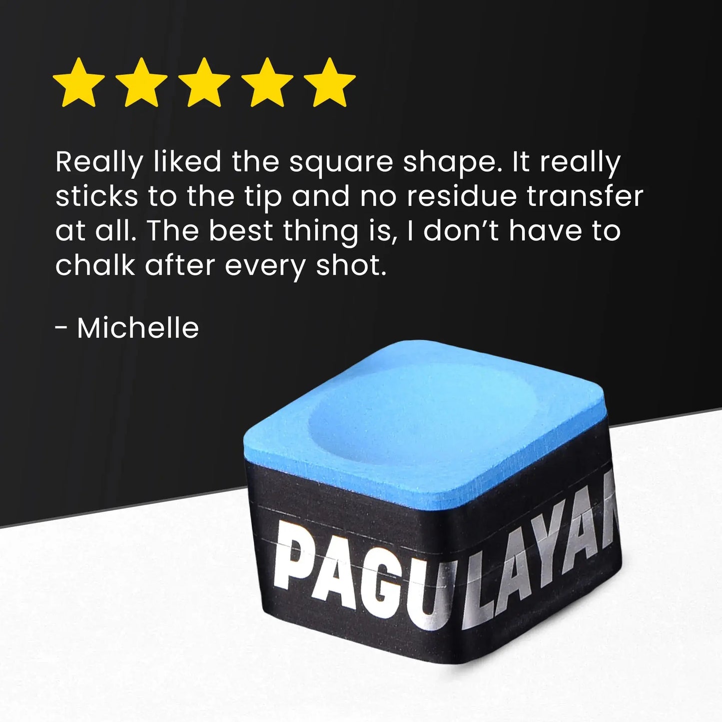 Pagulayan Blue Chalk shown beside a five star customer review in a product testimonial image.