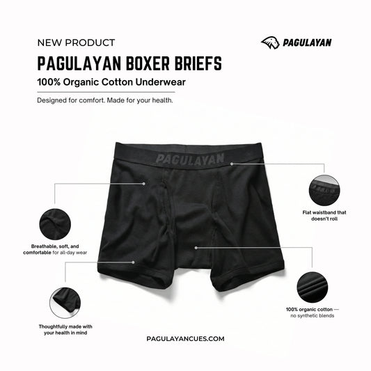 Pagulayan boxer briefs made from 100% organic cotton showing breathable fabric, flat waistband, and all-day comfort.