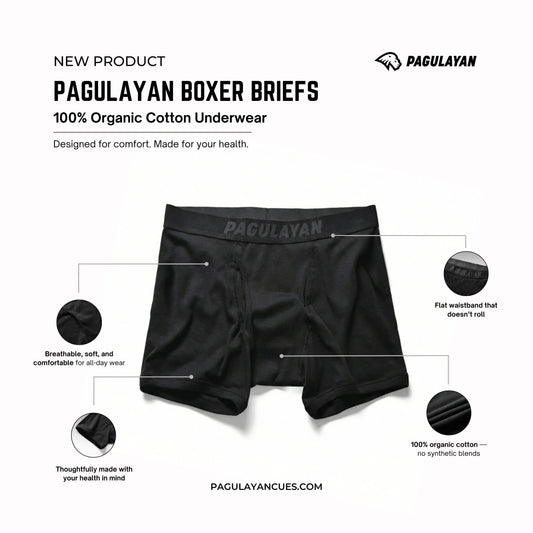 Pagulayan boxer briefs made from 100% organic cotton showing breathable fabric, flat waistband, and all-day comfort.