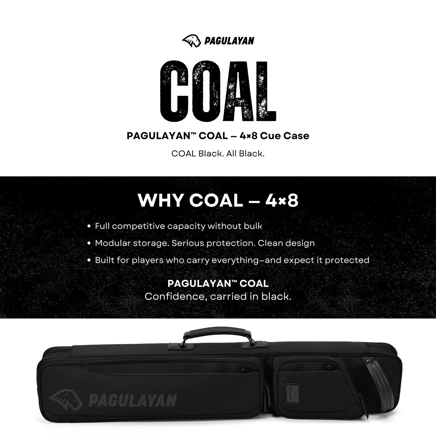 Pagulayan COAL 4x8 cue case highlighting high-capacity storage, modular design, and a clean all-black professional look.