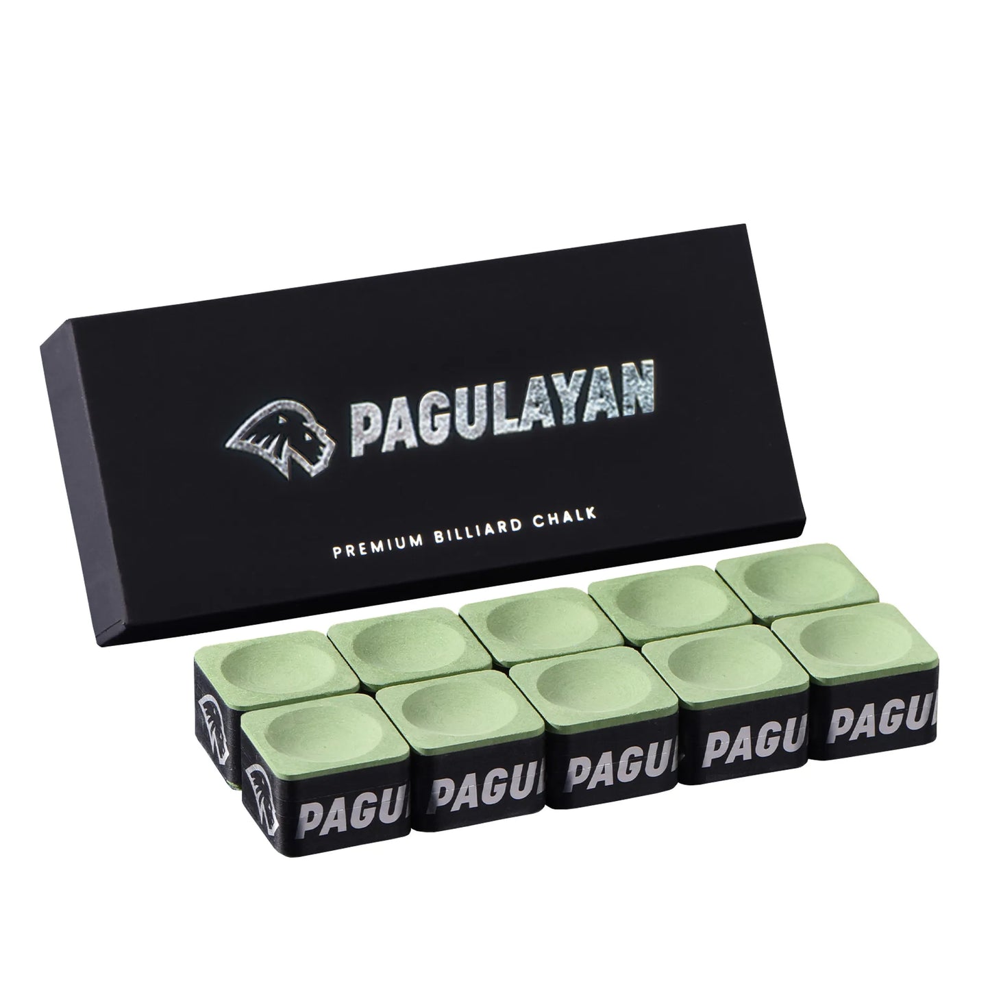 Ten pieces of Pagulayan Green Chalk arranged in a row with a branded box behind them.
