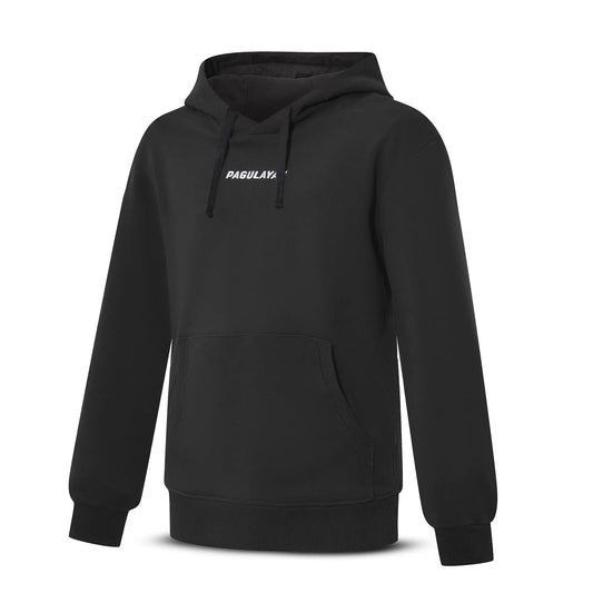 Angled front view of the Pagulayan Men’s Pocket Hoodie showing its logo detail and kangaroo pocket.