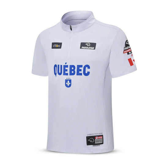 The angled front view of the Pagulayan Quebec team billiards jersey showing blue Quebec text, crest, and sponsor logos.