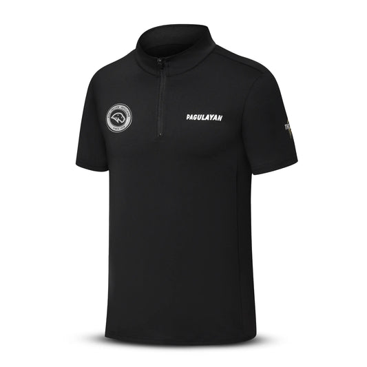 Angled front view of the Pagulayan ‘The Lion’ billiards jersey showing the crest logo and clean black athletic design.