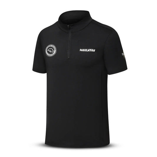 Angled front view of the Pagulayan ‘The Lion’ billiards jersey showing the crest logo and clean black athletic design.