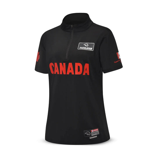 Angled front view of the Pagulayan Women’s Team Canada billiards jersey showing CANADA print and logo details.