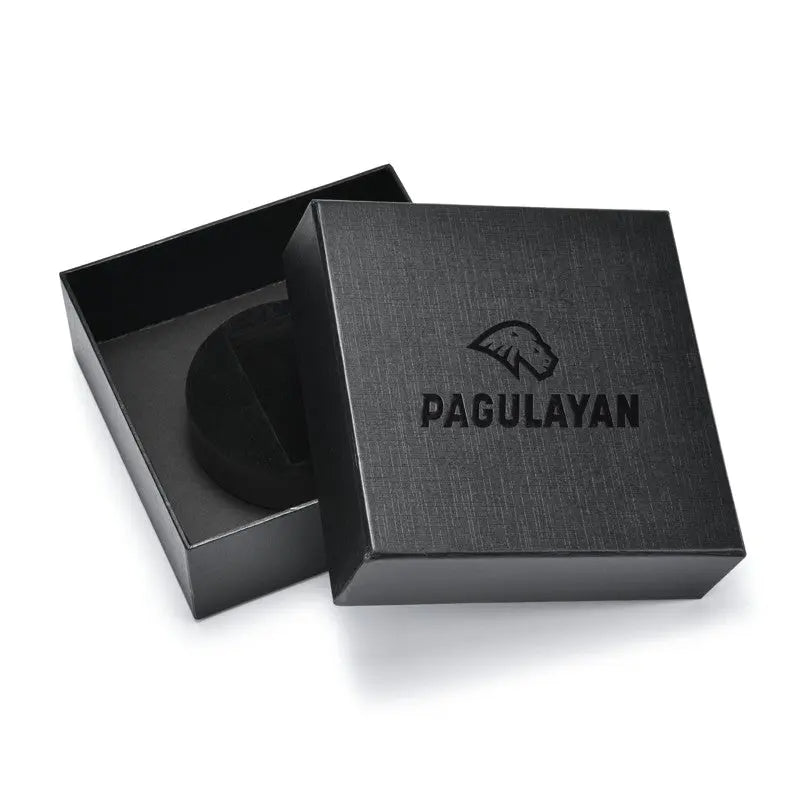 Branded presentation box for a premium ratchet leather belt, featuring a textured black finish and Pagulayan logo.