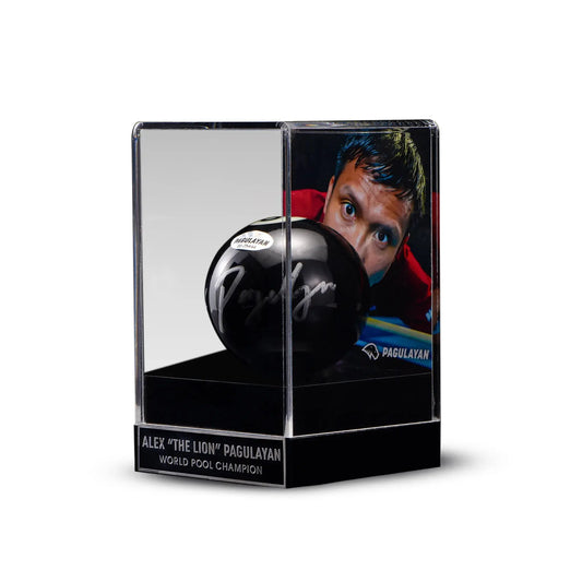 Front view of a signed 8 ball display by Alex Pagulayan in a clear acrylic case with photo backdrop.