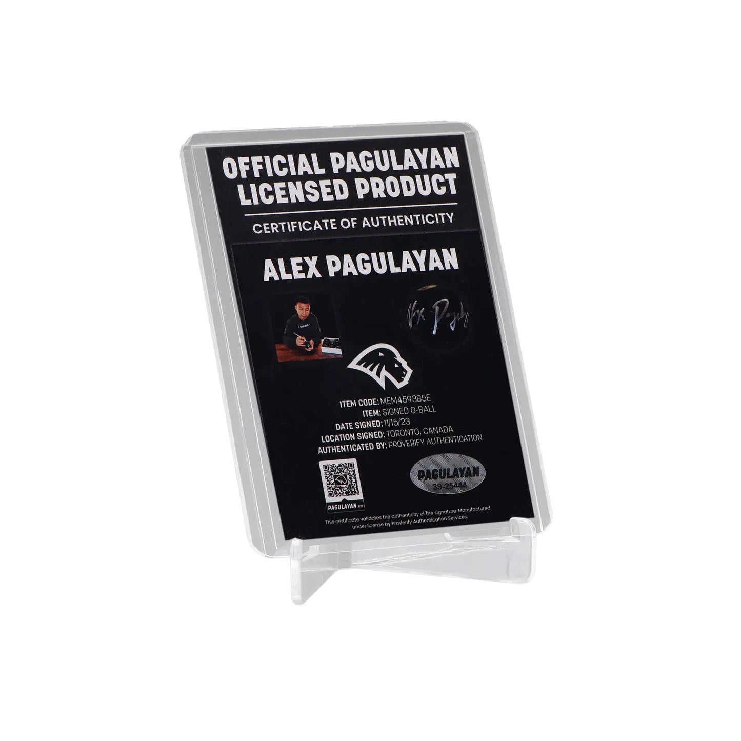 Certificate of authenticity for signed 8 ball display by Alex Pagulayan with numbered hologram and QR code.