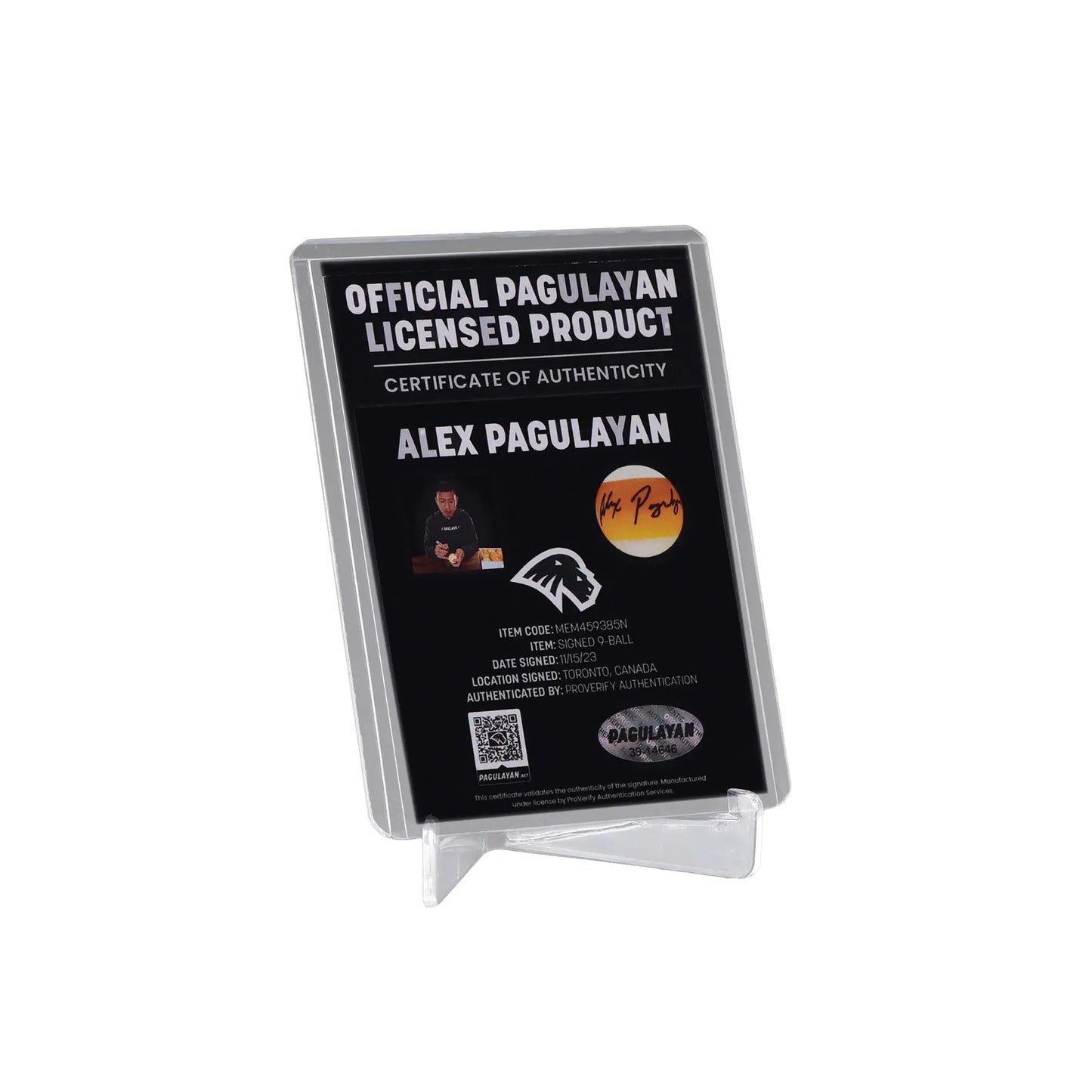 Certificate of authenticity for signed 9 ball display by Alex Pagulayan with numbered hologram and QR code.