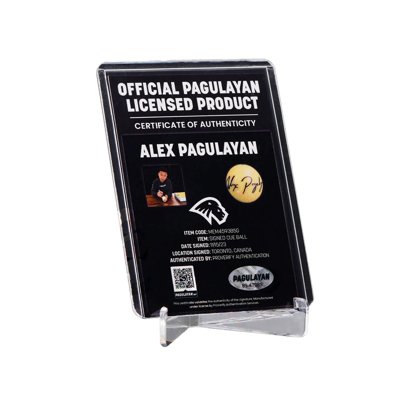 Certificate of authenticity for signed cue ball by Alex Pagulayan with hologram, QR code, and licensing details.