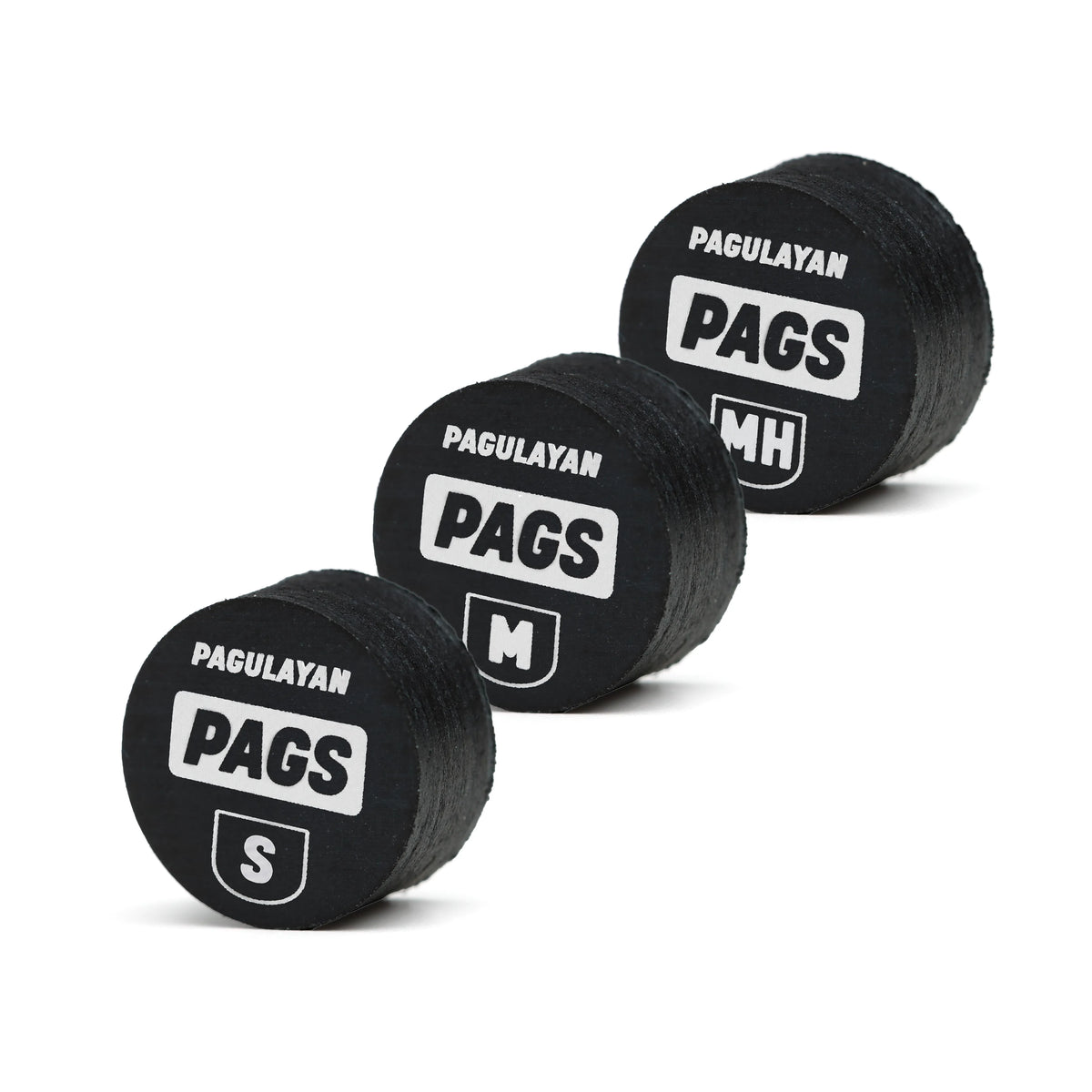 Angled view of PAGS pool cue tips in Soft, Medium, and Medium Hard variants showing layered leather construction.
