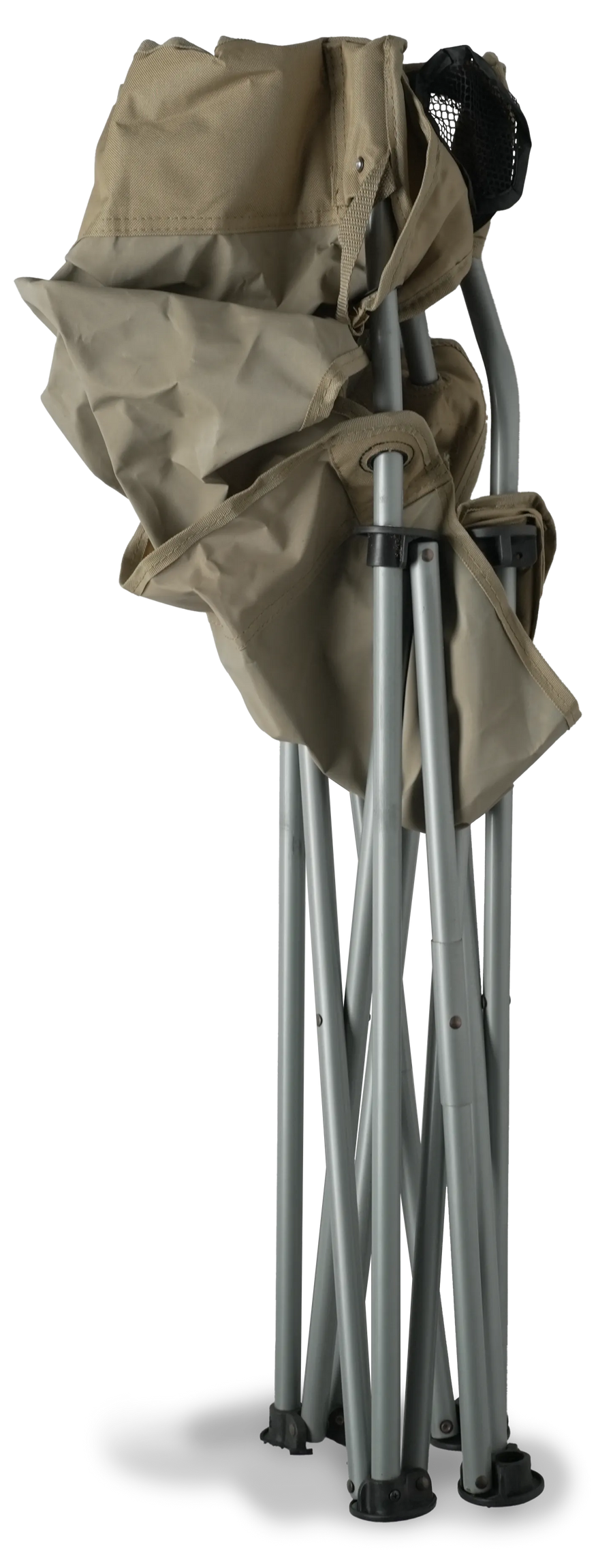 A folded camp chair with a tan canvas seat and backrest, supported by a silver metal frame with black plastic caps, shown on a white background.