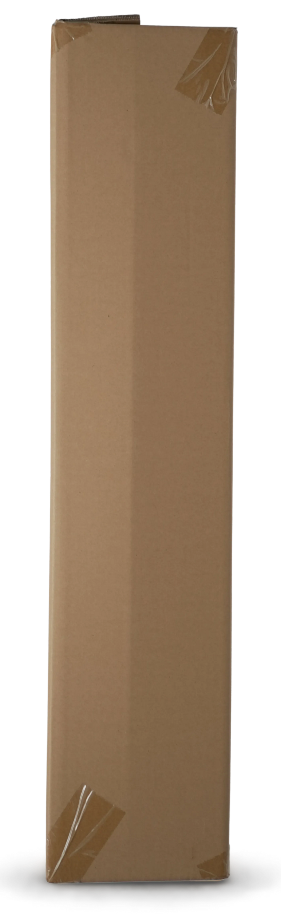 A tall, narrow brown cardboard box or package standing upright on a white background, with clear tape visible at the top and bottom corners.