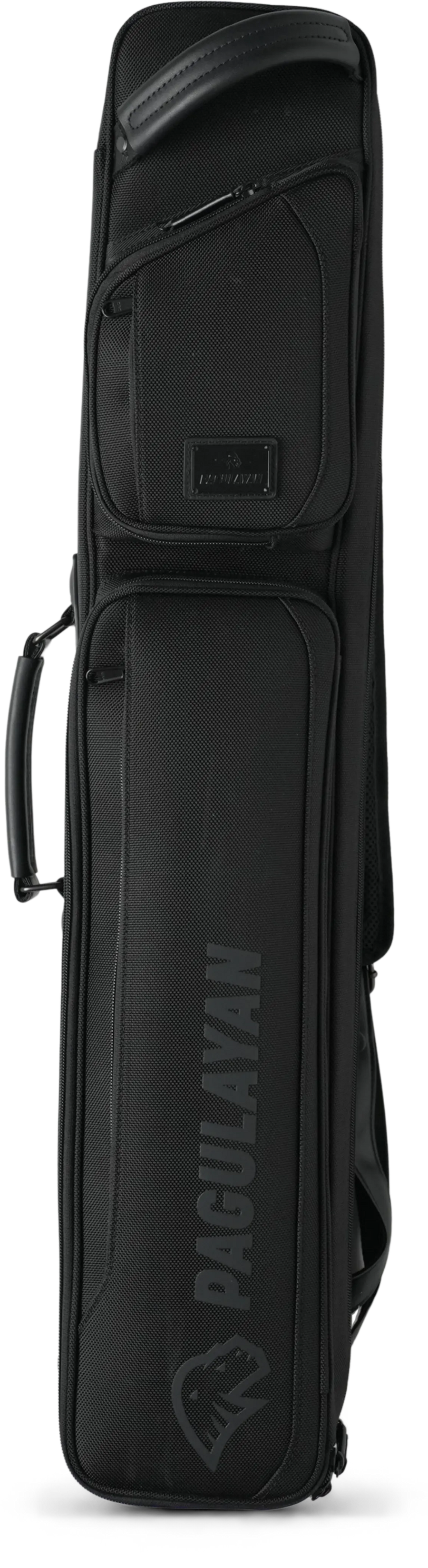 A black Pagulayan golf bag shown vertically against a white background, featuring multiple zippered pockets, a side carry handle, and the Pagulayan brand name printed vertically on the lower front.
