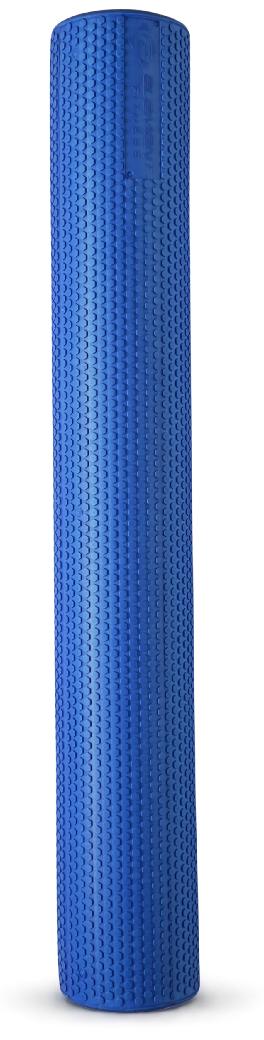 A blue textured foam roller with a perforated pattern, shown upright on a white background.