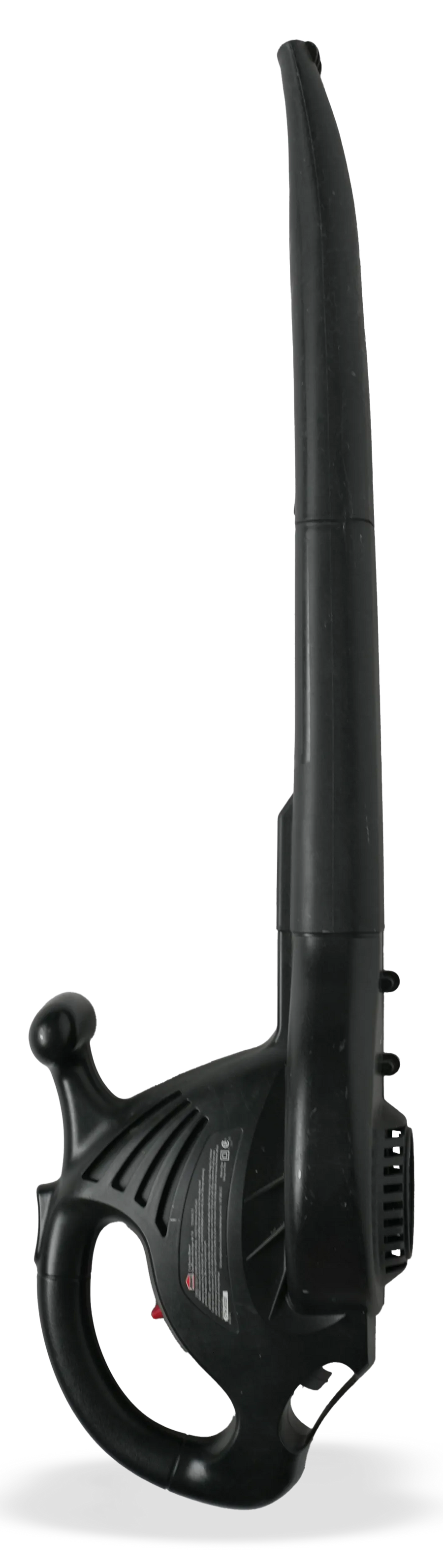 Black cordless leaf blower shown from a side profile view against a clean white background.