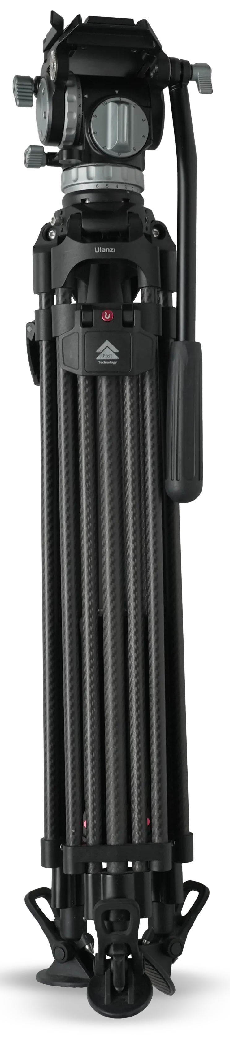 A folded black carbon fiber tripod with a camera head and mounting accessories, shown from the rear on a clean white background.