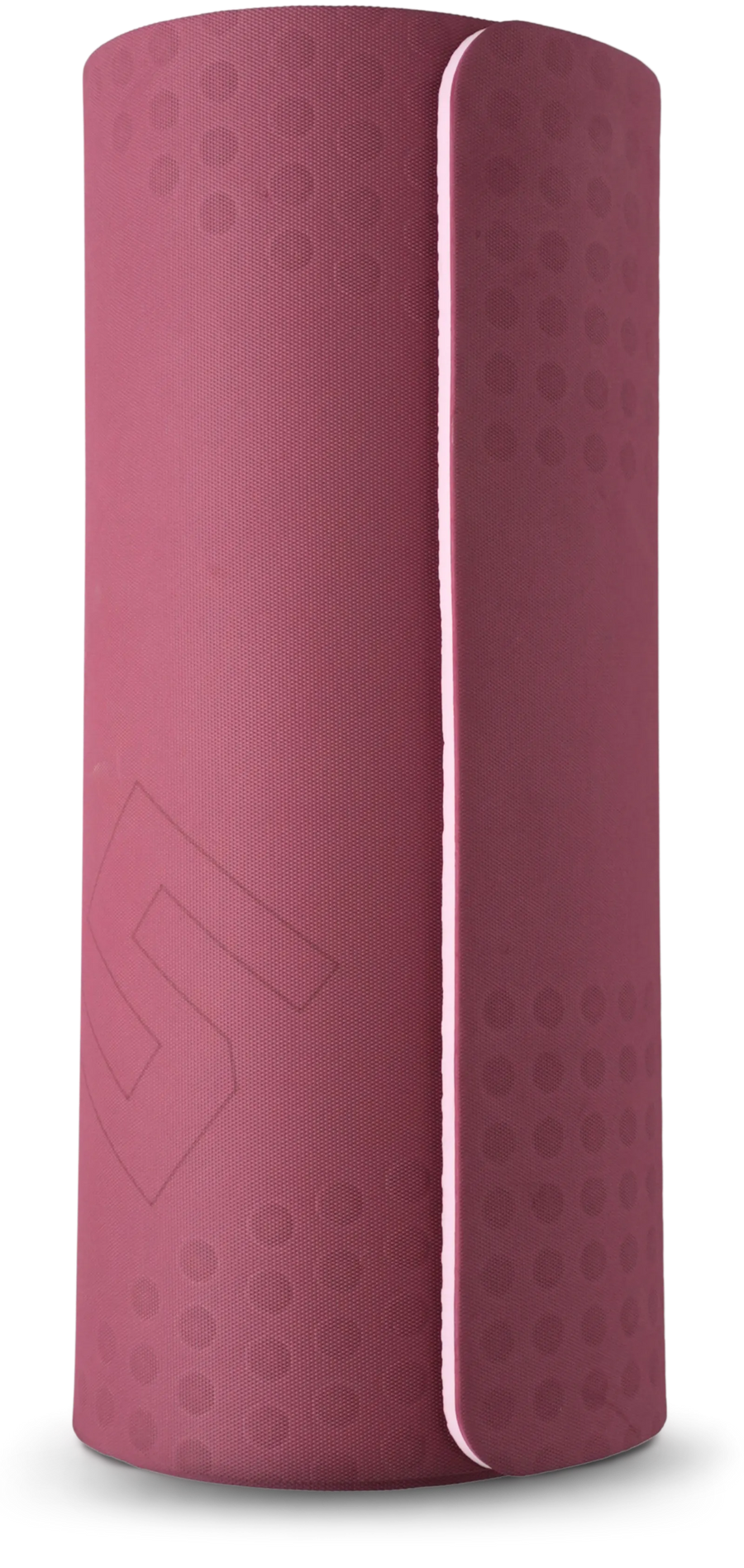 A rolled-up dusty rose yoga mat with a textured surface, a vertical stitched seam, and a debossed mountain-style logo, shown on a white background with a faint pink bounding box.