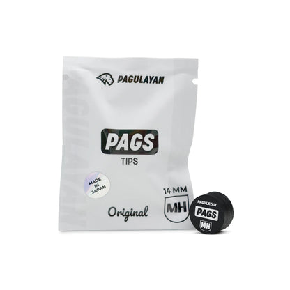 PAGS Medium Hard 14 mm pool cue tip with Pagulayan packaging, made in Japan.