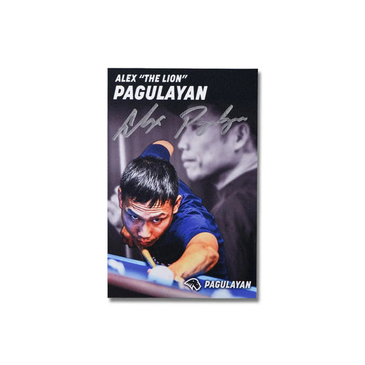 Signed portrait picture of Alex Pagulayan aiming a pool shot, featuring his autograph and professional billiards action.