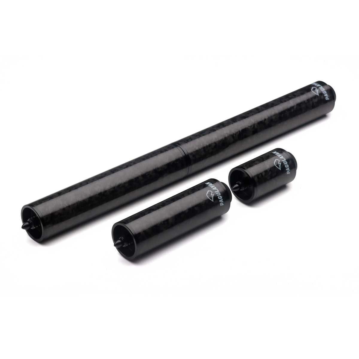 Feraboli carbon fiber pool cue butt extensions lined up to show the stackable connection system.