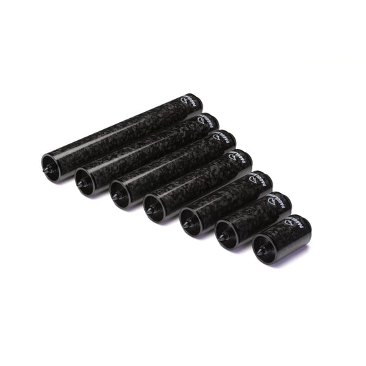 Feraboli carbon fiber pool cue butt extensions in multiple lengths for added reach.