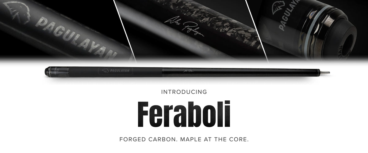 Pagulayan Feraboli forged carbon pool cue butt with Canadian maple core and signature details.