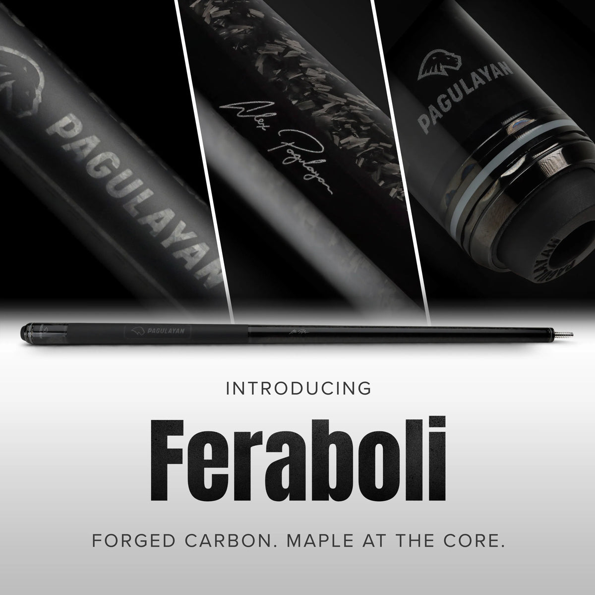 Pagulayan Feraboli forged carbon pool cue butt with Canadian maple core and signature details.