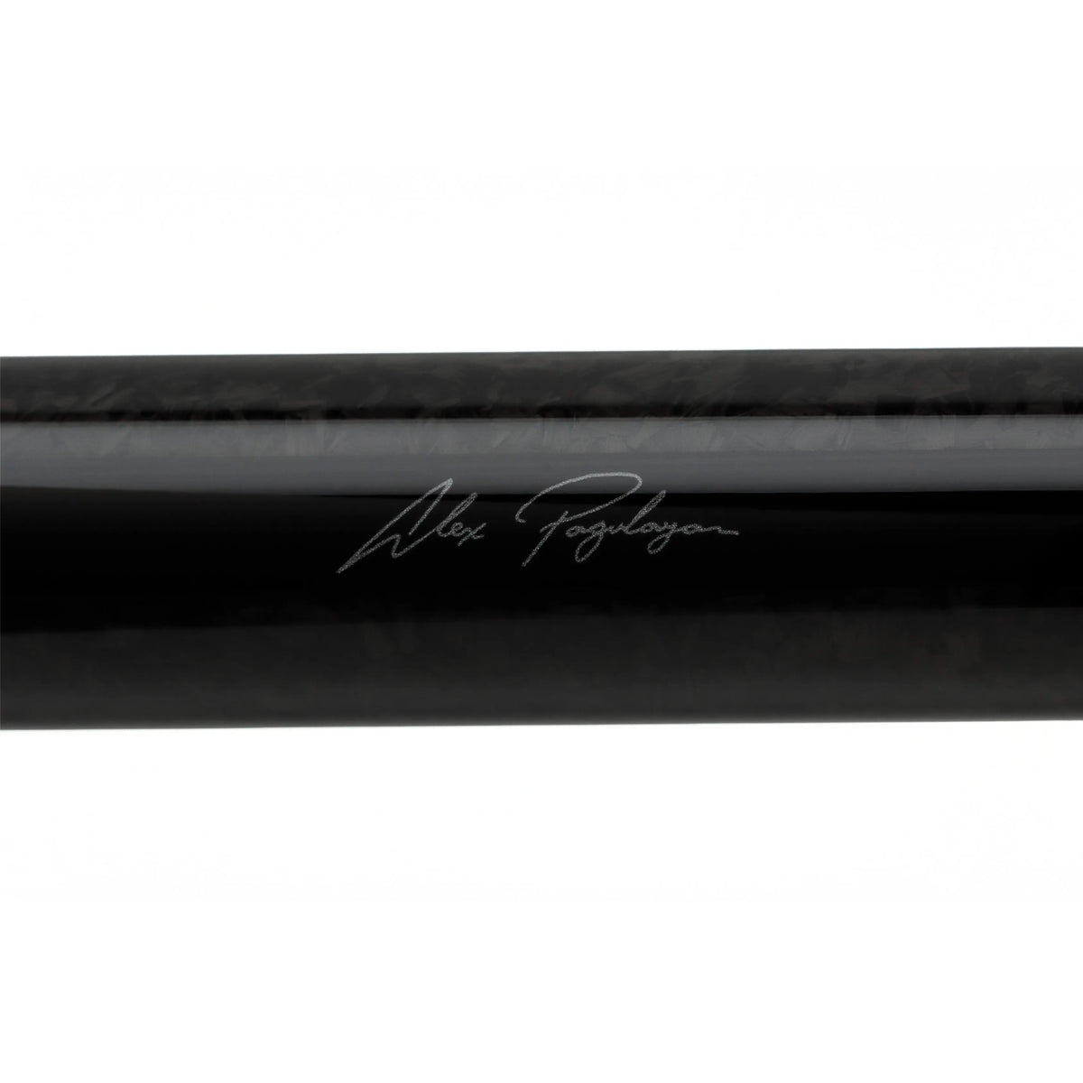 Close-up of Alex Pagulayan's signature on the carbon fiber forearm of the Feraboli pool cue butt.