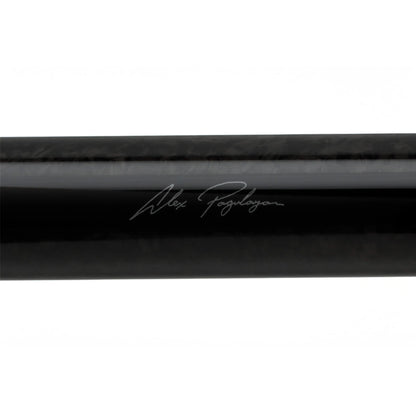 Close-up of Alex Pagulayan's signature on the carbon fiber forearm of the Feraboli pool cue butt.