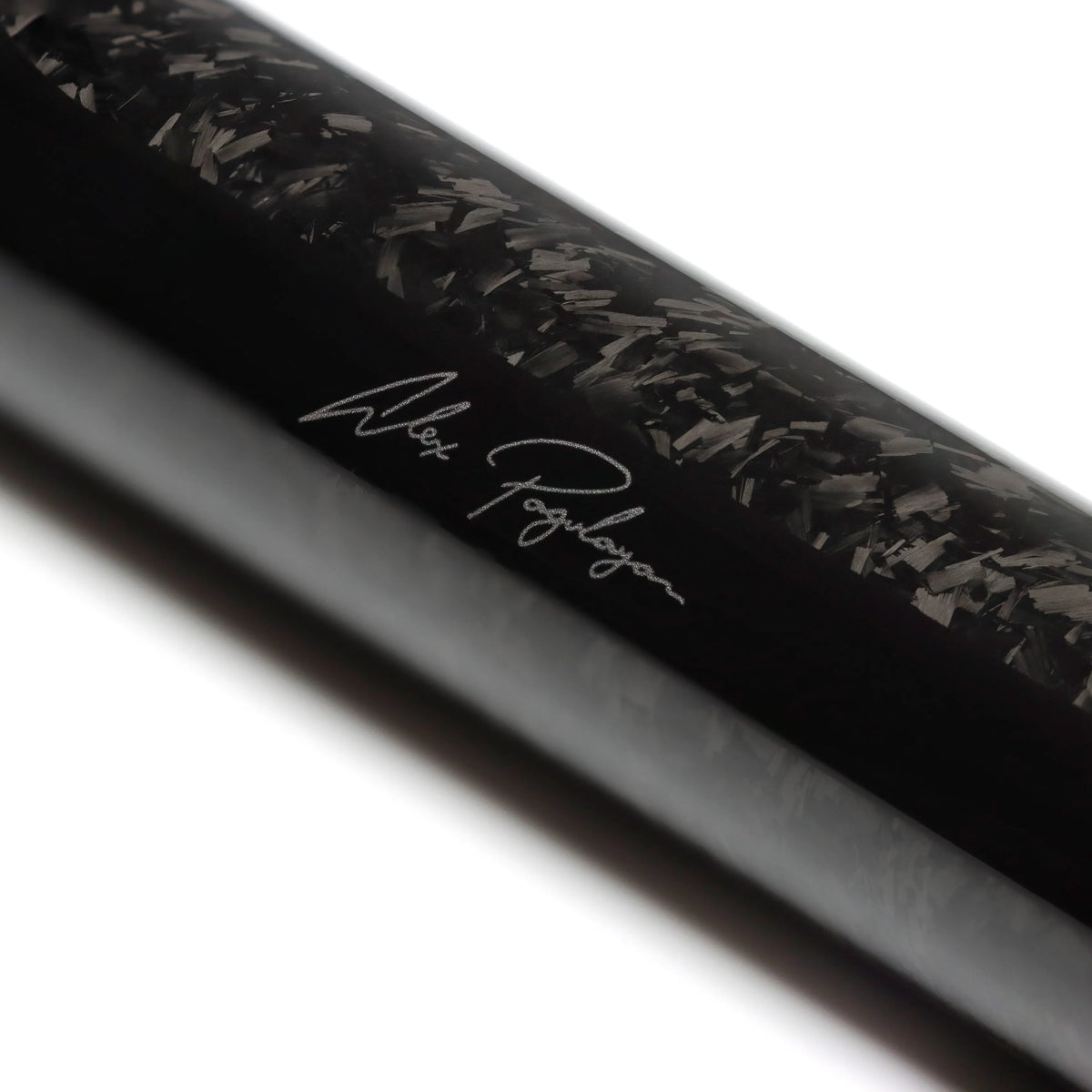 Close-up of the Feraboli pool cue butt featuring Alex Pagulayan's signature and carbon fiber design.