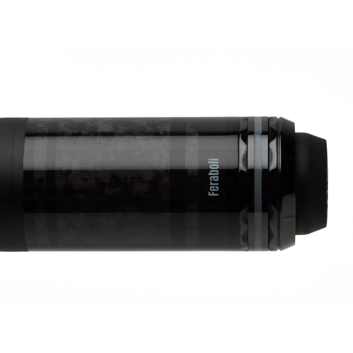 Close-up of the Feraboli pool cue butt cap with Feraboli branding and carbon fiber construction.