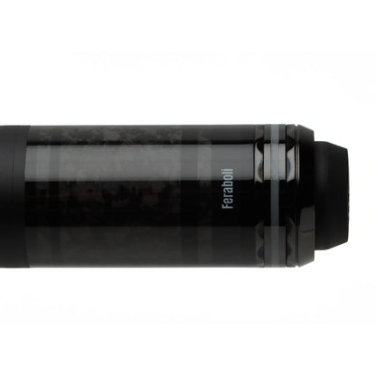 Close-up of the Feraboli pool cue butt cap with Feraboli branding and carbon fiber construction.