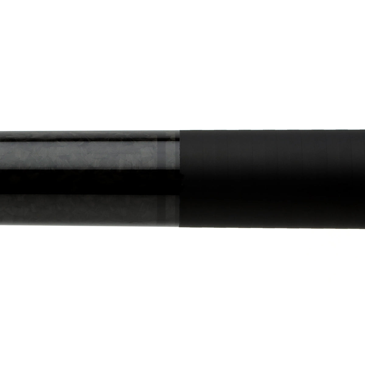 Close-up of the Feraboli pool cue butt showing the carbon fiber forearm and black grip transition.