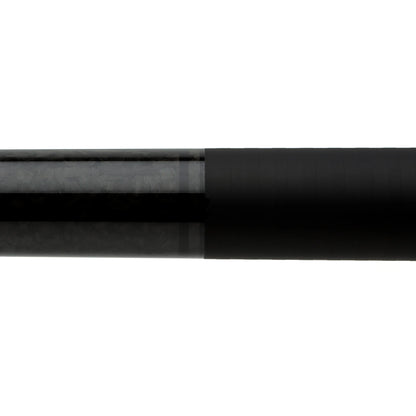 Close-up of the Feraboli pool cue butt showing the carbon fiber forearm and black grip transition.