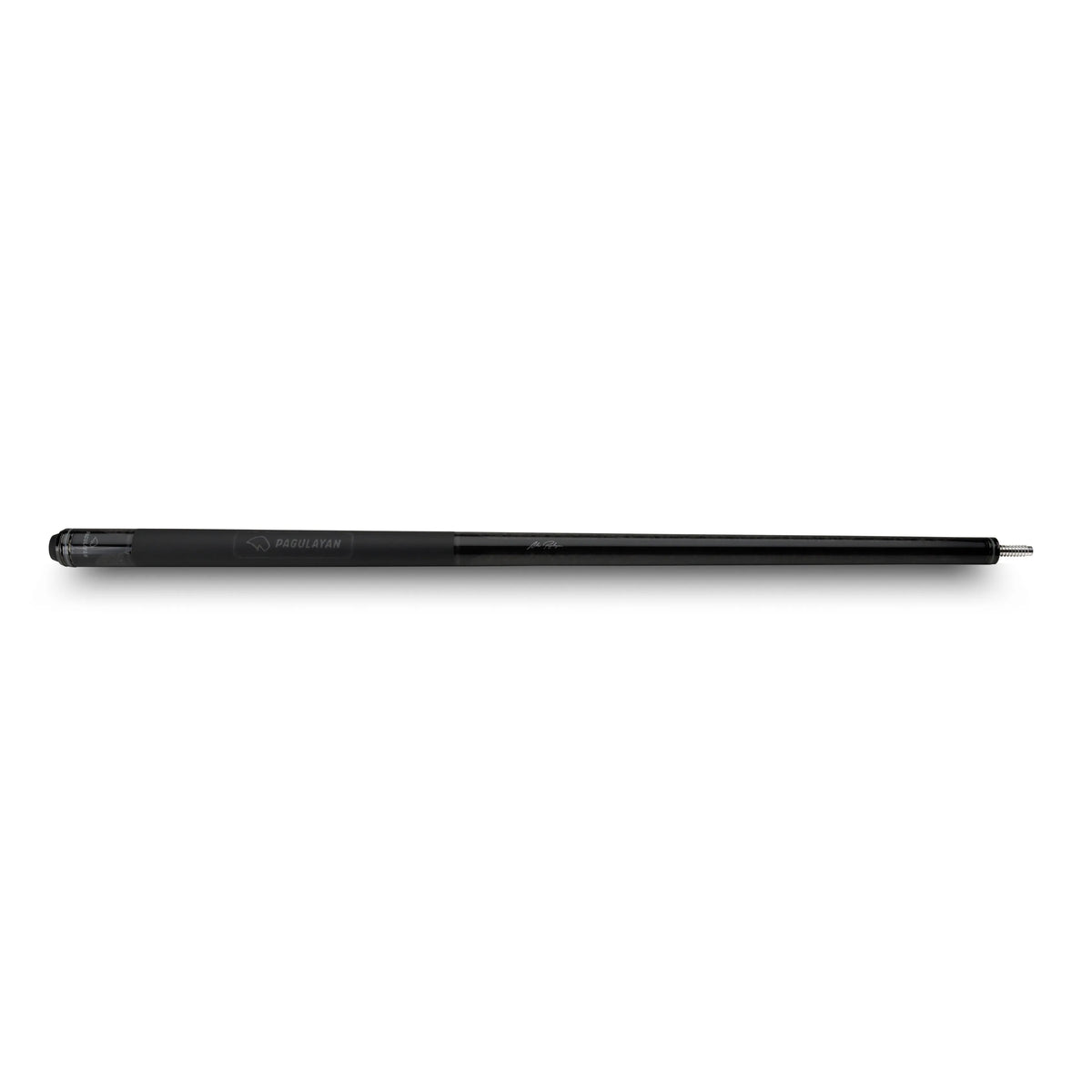 Full side view of the black Feraboli pool cue butt with Pagulayan branding and joint pin.