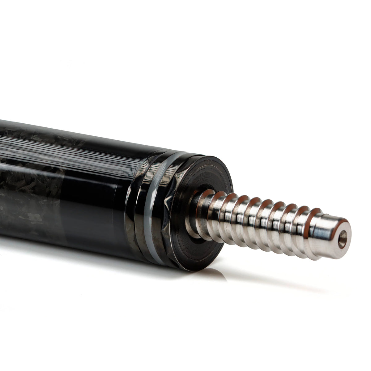 Close-up of the Feraboli pool cue butt showing the metal joint pin and carbon fiber construction.