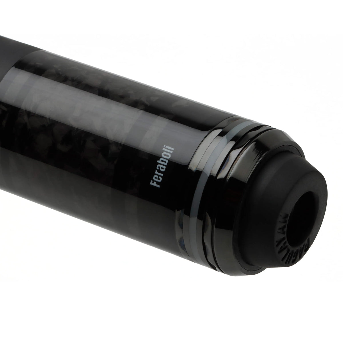 Angled close-up of the Feraboli pool cue butt showing the rear end, carbon fiber design, and Feraboli branding.