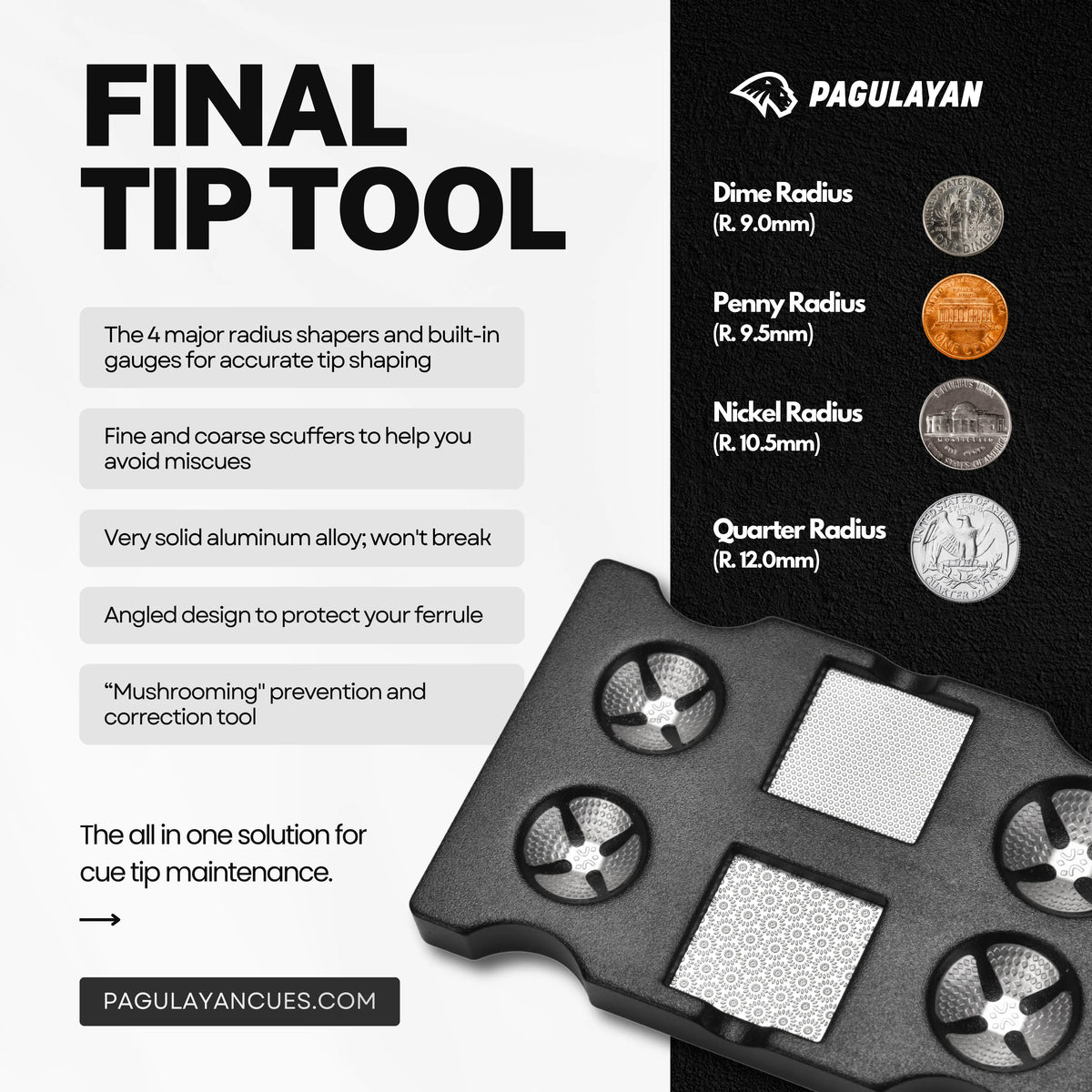 Final Tip Tool pool cue tip tool with cue tip shaper features showing radius options and scuffing surfaces.