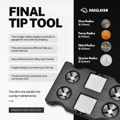 Final Tip Tool pool cue tip tool with cue tip shaper features showing radius options and scuffing surfaces.