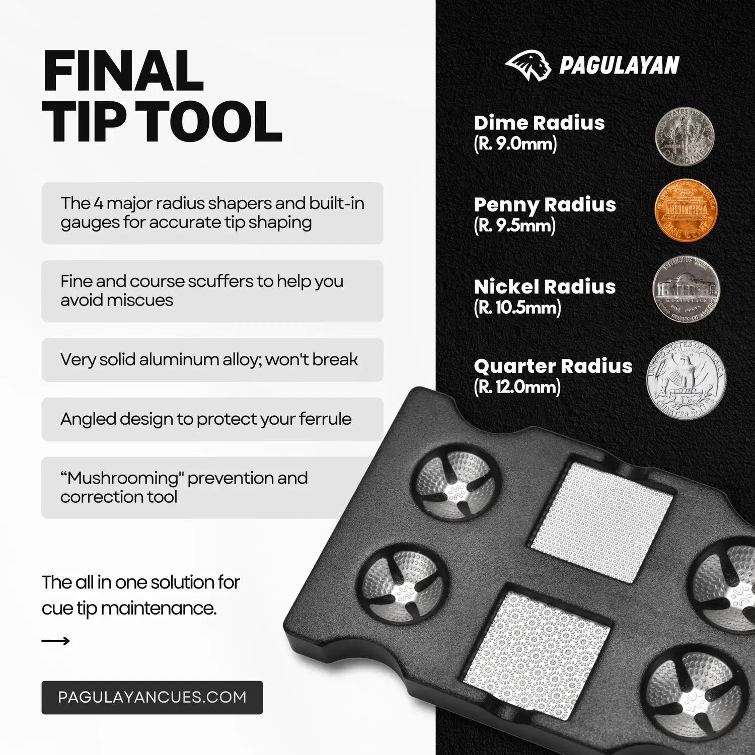Final Tip Tool pool cue tip tool with cue tip shaper features showing radius options and scuffing surfaces.