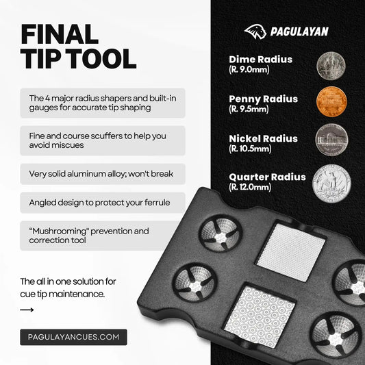 Final Tip Tool pool cue tip tool with cue tip shaper features showing radius options and scuffing surfaces.