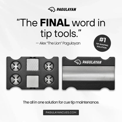 Final Tip Tool pool cue tip tool and cue tip shaper with Pagulayan quote and dual side product view.