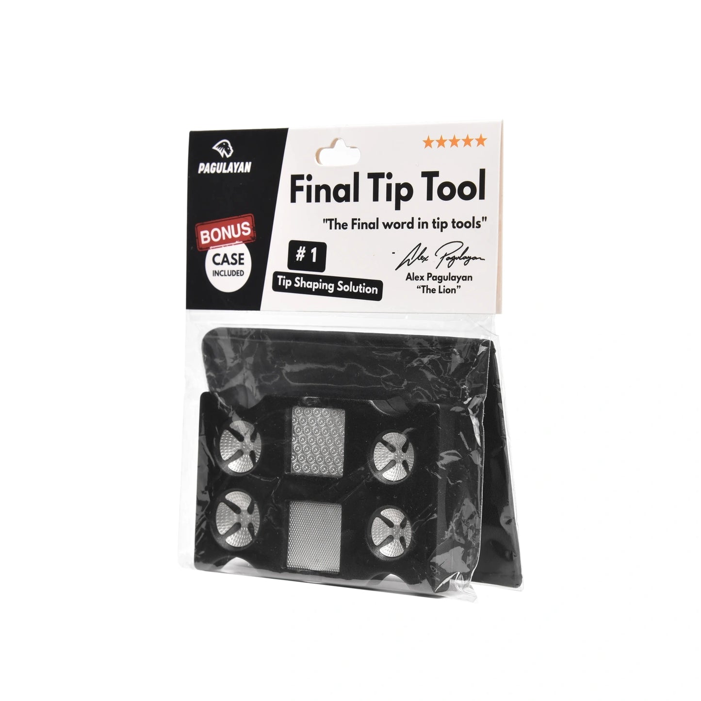Final Tip Tool pool cue tip tool packaging angled view with case and cue tip shaper features visible.